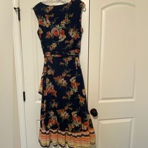 Navy sheer floral tiered dress. Size 14 $35.00